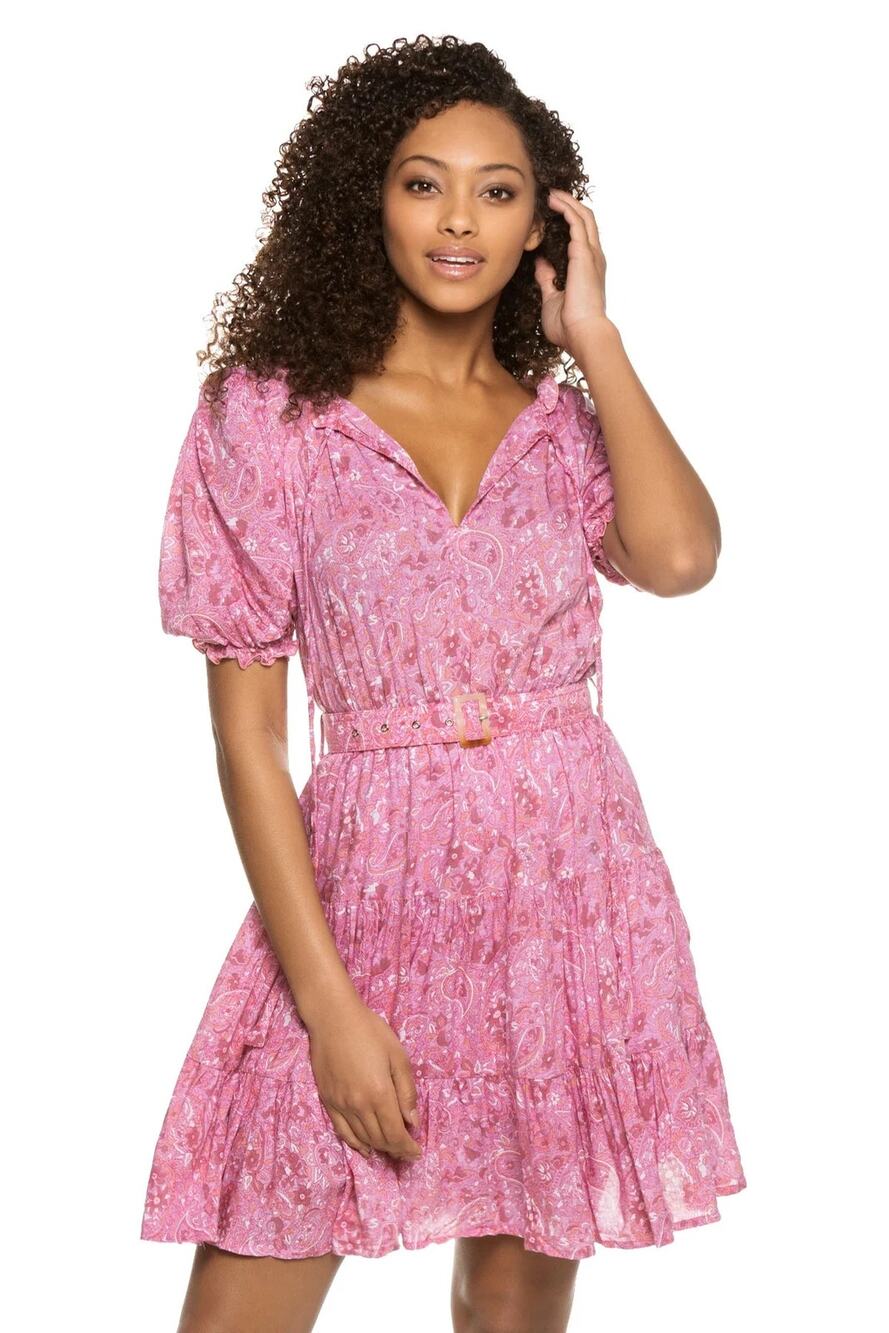 NEW Lusana Ayla Pink Paisley Puff Sleeve Belted Tiered Mini Fit & Flare Dress S